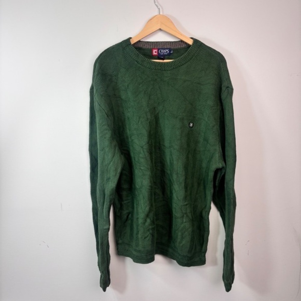 Chaps Green Herringbone Cotton Crewneck Sweater XL Preppy Grandpa Core